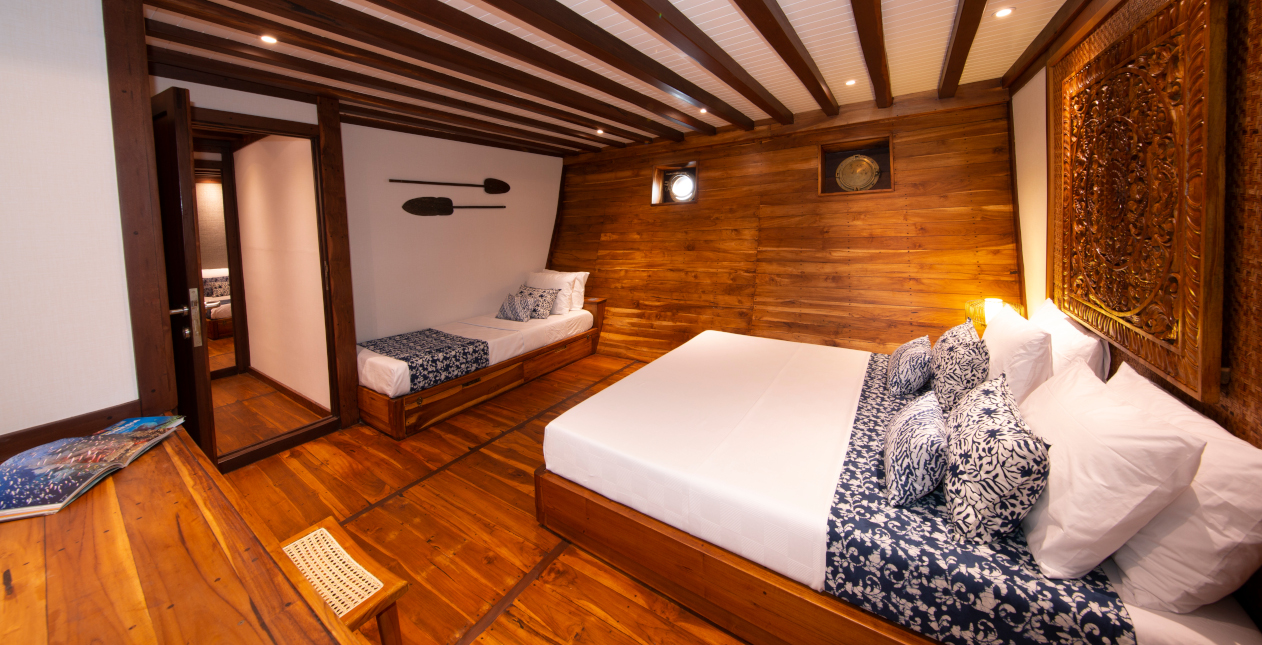 cabin with one double bed on our Coralia Liveaboard in Indonesia