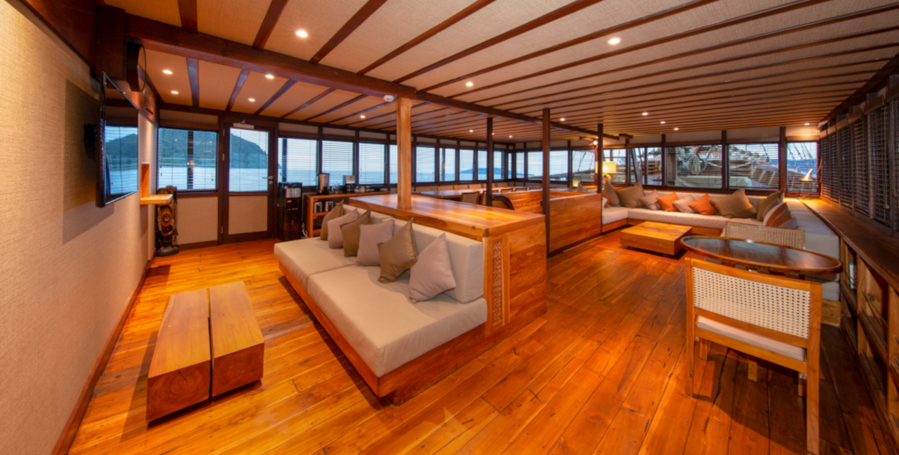 airconditioned hangout and television area on our Coralia Liveaboard in Indonesia