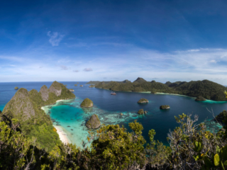 top view of our cruise ship Coralia between islands of Raja Ampat