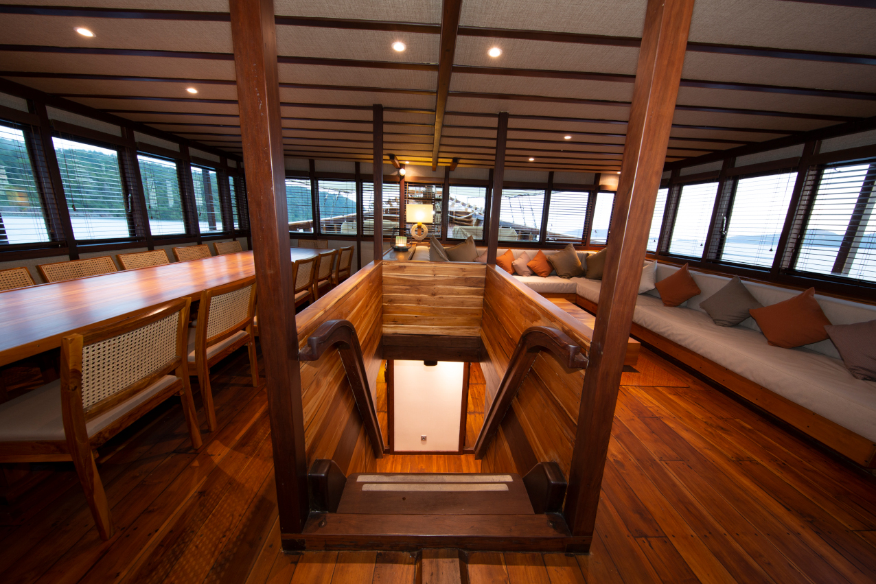 inside dining area of our Coralia Liveaboard in Indonesia