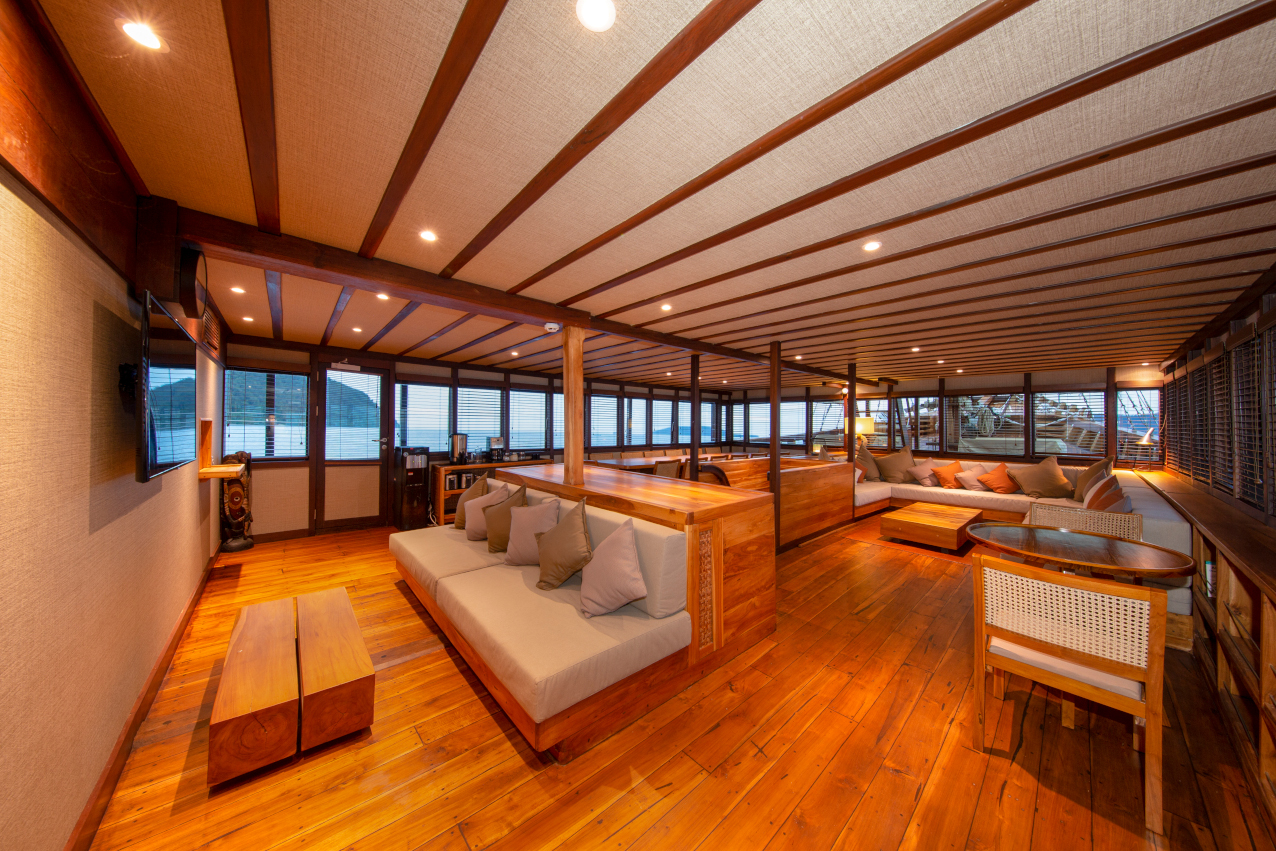 airconditioned hangout and television area on our Coralia Liveaboard in Indonesia