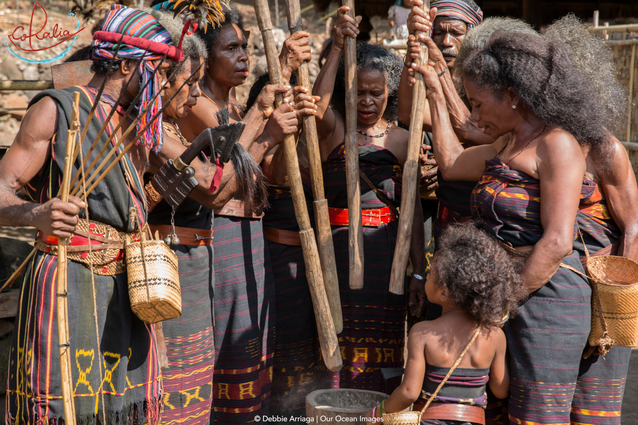 Abui tribe pounding the rice with wooden sticks in Alor