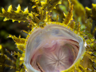 A yellow Weedy Scorpionfish with open mouth at Banda and Forgotten Islands spotted while scuba diving Coralia Liveaboard Indonesia