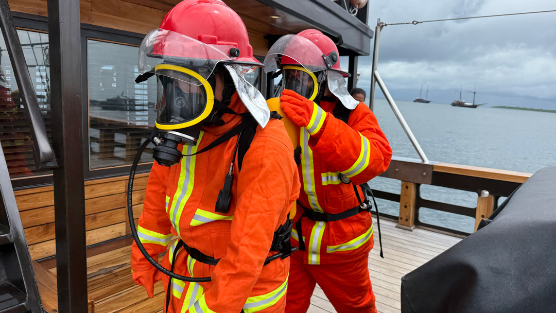 Coralia Liveaboard crew during fire safety training