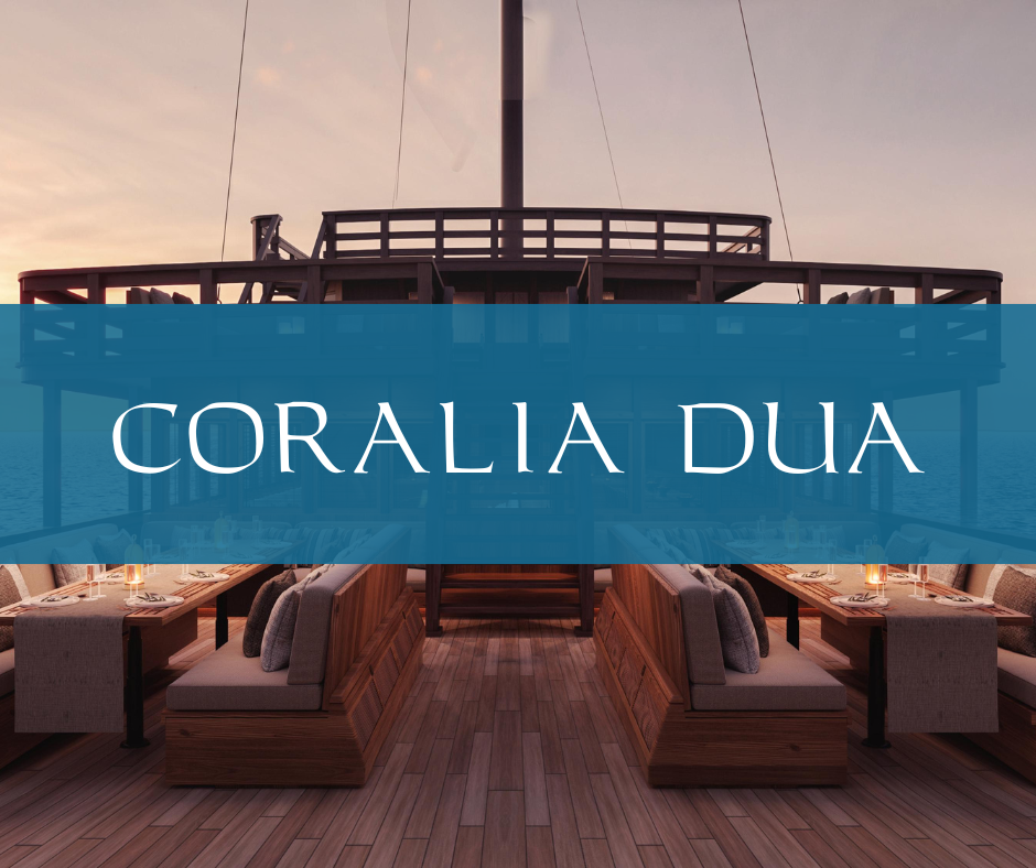 Coralia liveaboard sailing in Indonesian waters with full sails.