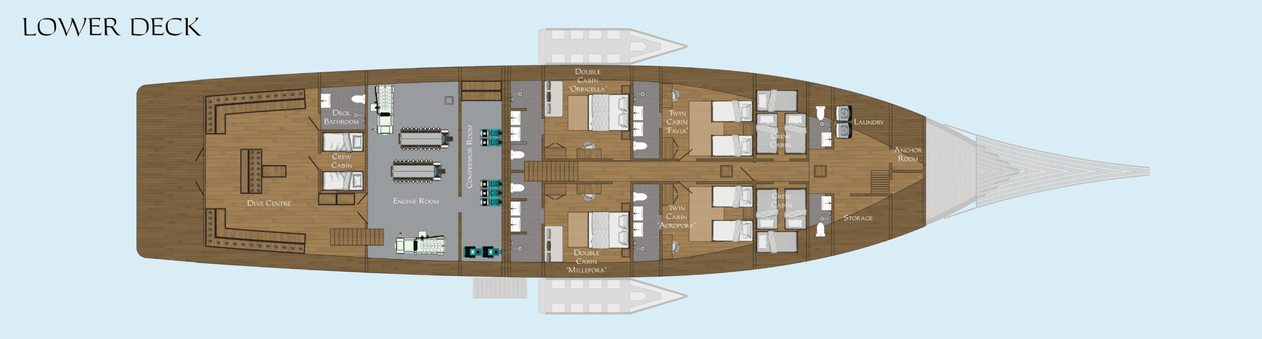 Lower deck layout of Coralia Dua Liveaboard Indonesia