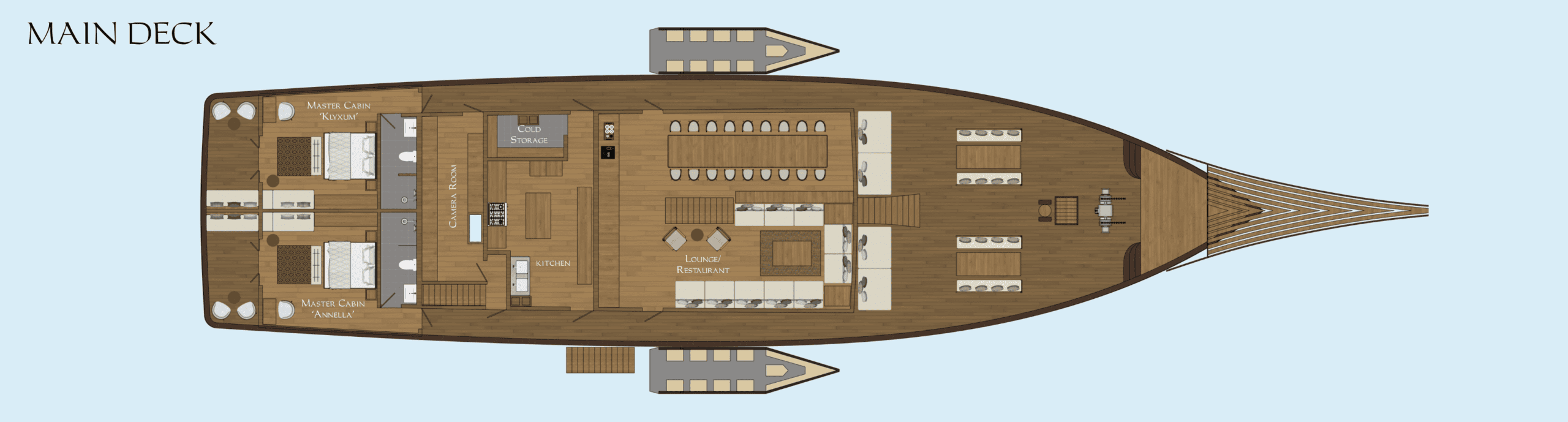 Main deck plan of Coralia Dua Liveaboard Indonesia