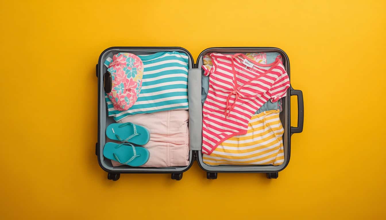 overhead view of a luggage packed with vacation essentials